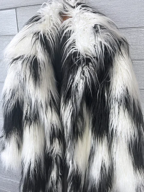 Women Print Long Faux Fur Coat Turn Down Collar Elegant Thick Coat – view 6