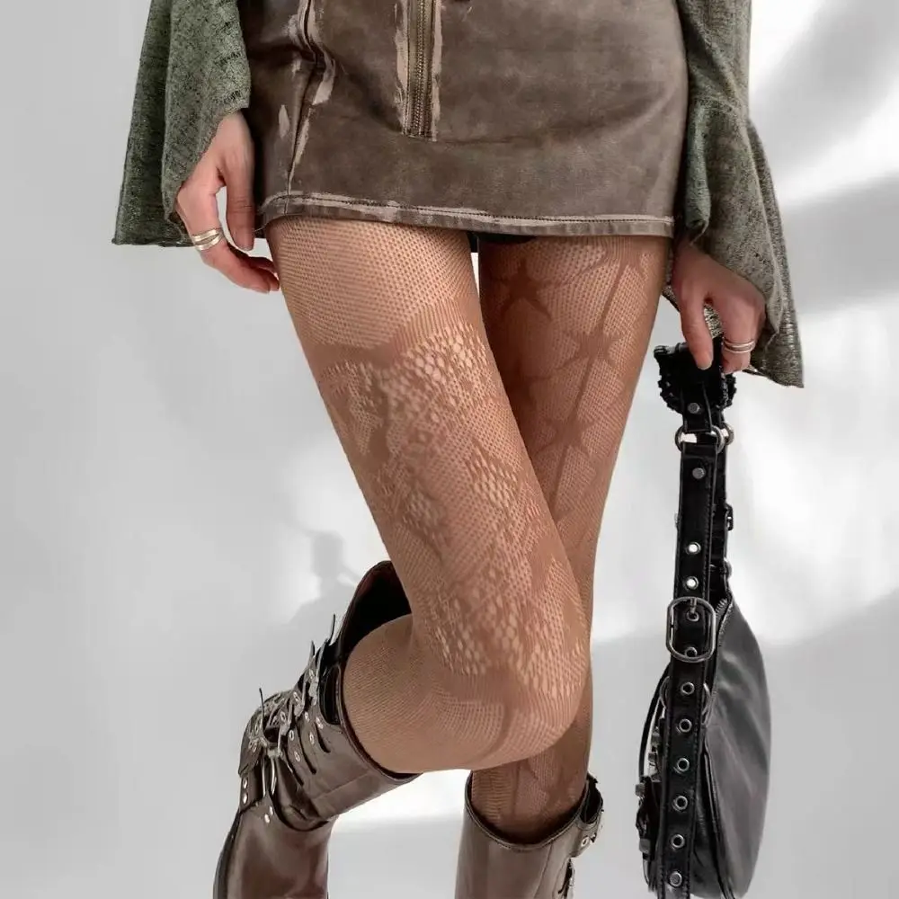 Y2k Female Sexy Silk Stockings Five-pointed Star Print Ultra-thin Lace Fishnet Stockings Breathable Elastic Mesh Pantyhose