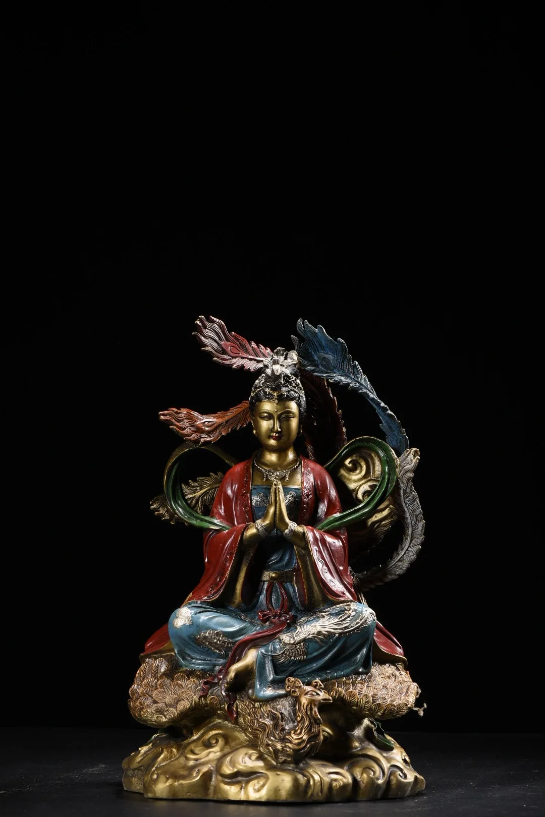 Old Bronze Gilded Painted Nine Heavenly Mysterious Maidens Sitting Buddha Phoenix backlight Goddess and Immortal Worship Hall