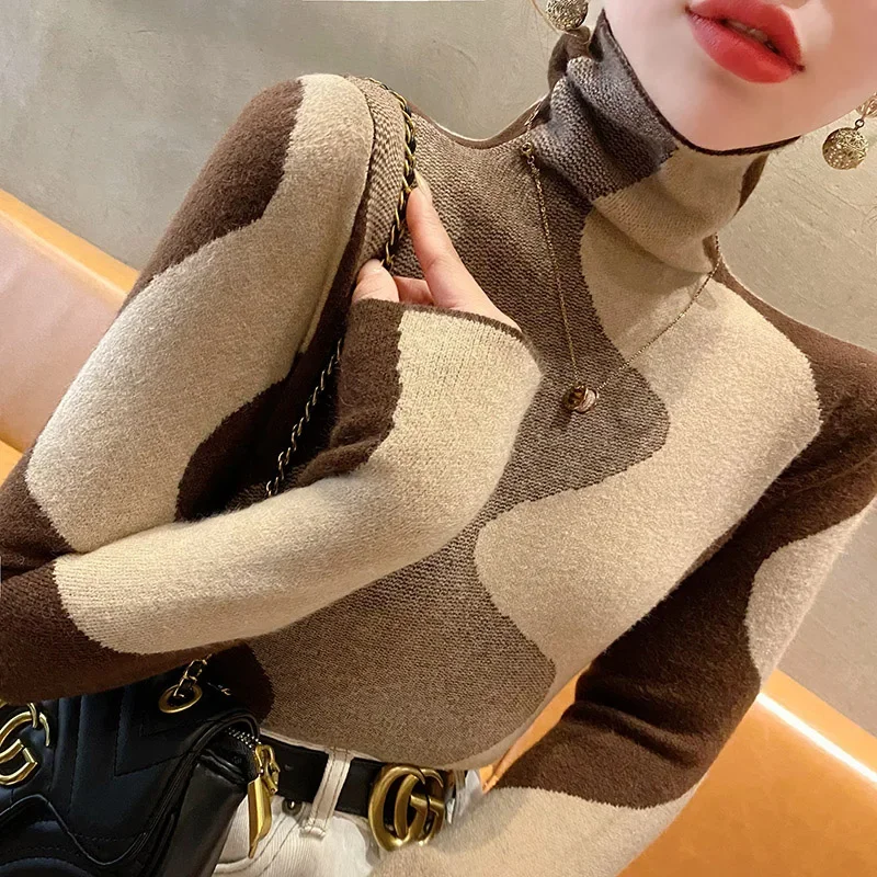 Women Chic Y2k Sweaters, Long Sleeve Turtleneck Elastic Slim Jumper, Fashion Wool Knitwear, Female Vintage Pullovers