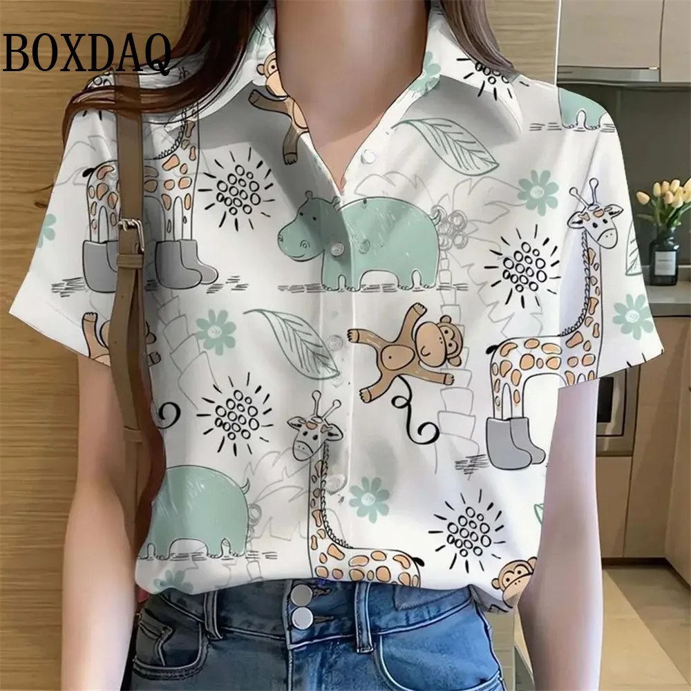 Womens Shirts Cute Animal Cat dinosaur 3D Printed Casual Hawaiian Short Sleeve Button Beach Shirt Summer Blouse Women's Clothes - Image 6