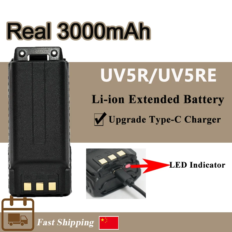 For Baofeng UV5R Walkie Talkie Battery with Type-C Enlarge 2600mAh/3000mAh Li-ion Battery USB-C Cable BL-5 UV-5RA UV-5RE BF-F8+