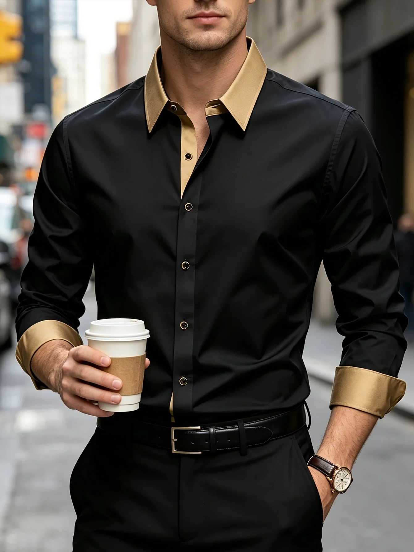 

FGKKS Men's Shirt Fashion Brand New Patchwork Long Sleeve Smart Casual Elastic Quality Male Black Business Shirt