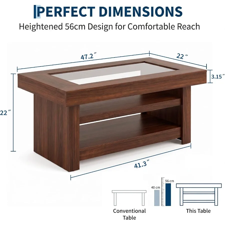 47.2 Coffee Table with Storage for Living Room, Solid Wood, Brown, Rustic Design and Ample Hidden Compartment Space