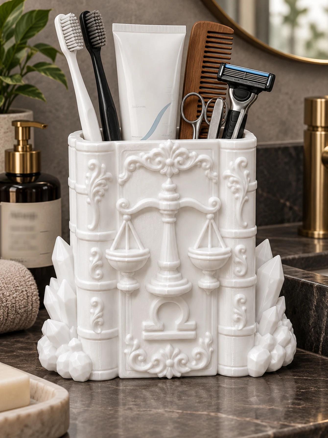 French-Style Vintage Baroque Luxurious Swirl-Patterned Libra Pen Holder, Justice Scale Book-Shaped Embossed Crystal Embellished Desktop Organizer, Matte White Elegant Luxury Aesthetic Ornament, Large-Capacity Stationery Storage Box, Desktop Organizer, Study Desk Vanity Room Warm Decoration, Zodiac-Themed Creative Gift