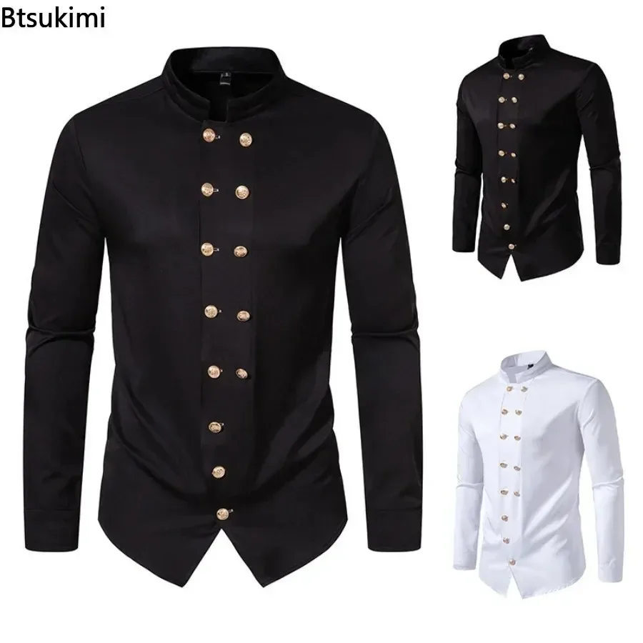 

New 2025 Men's Long Sleeve Shirts Retro Double Breasted Casual Tops Men Stand Collar Henry Shirts Male Clothing Chemise Homme
