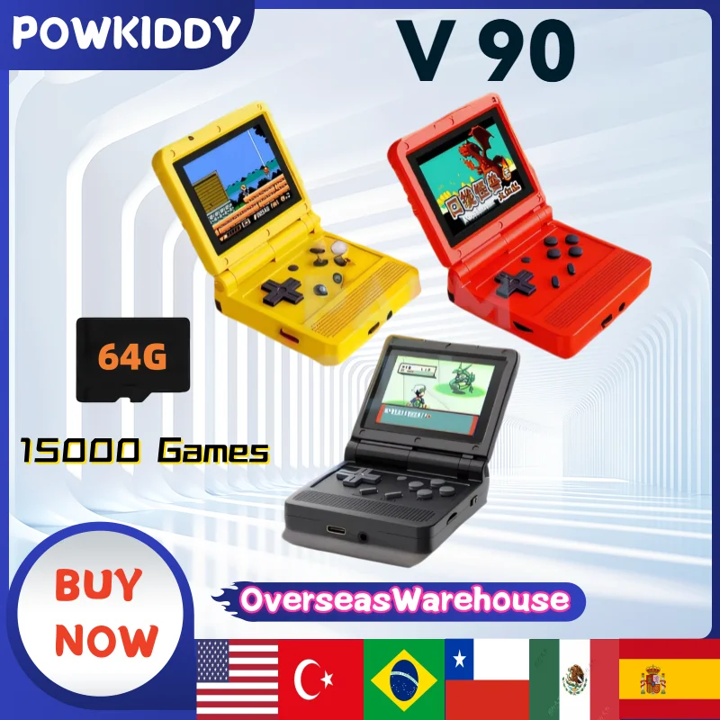 

POWKIDDY V90 Retro Clamshell Handheld Game Console Dual Open System 16 Simulators PS1 Arcade Games Retro Games 3-Inch IPS Screen
