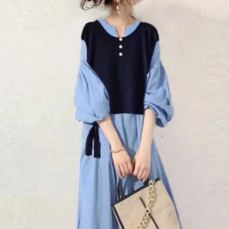 Lose Fit Japanische Sle frauen Dr Herbst Neue Sle Patchwork Abnehmen Gefälschte Zwei-Stück Blumen Druck Baumwolle Lange Sve v-Ne