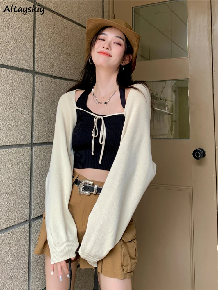 Thin Cardigan Women Summer Sun-proof Slim Cropped Elegant All-match Street Wear Vacation Solid Casual Lace-up Tender Simple Ins