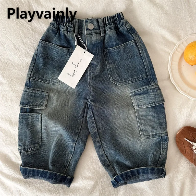 

Детские брюки-карго, новинка 2024, весна-осень, однотонные свободные джинсы с большими карманами для мальчиков и девочек, детские прямые джинсовые брюки A0023