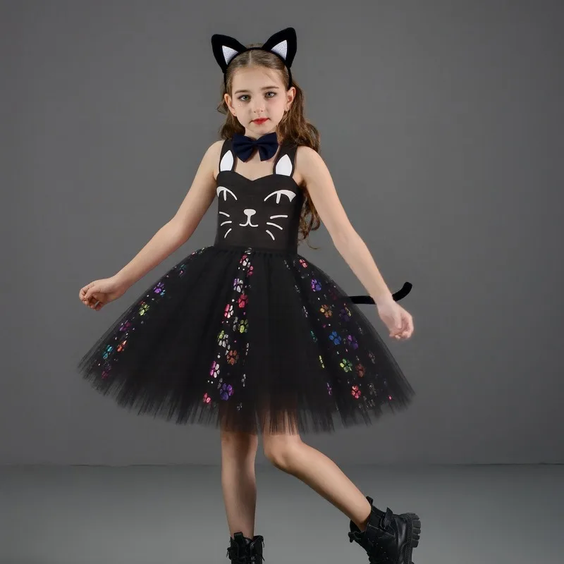 Niedliches rosa-schwarzes Katzenkleid für Kinder, Cosplay-Tutu-Rock, Tanzkostüm, Ohren, Schleife, Schwanz, Mädchen-Performance-Outfit, Geburtstagsparty-Outfit, Geschenk – Detail 6