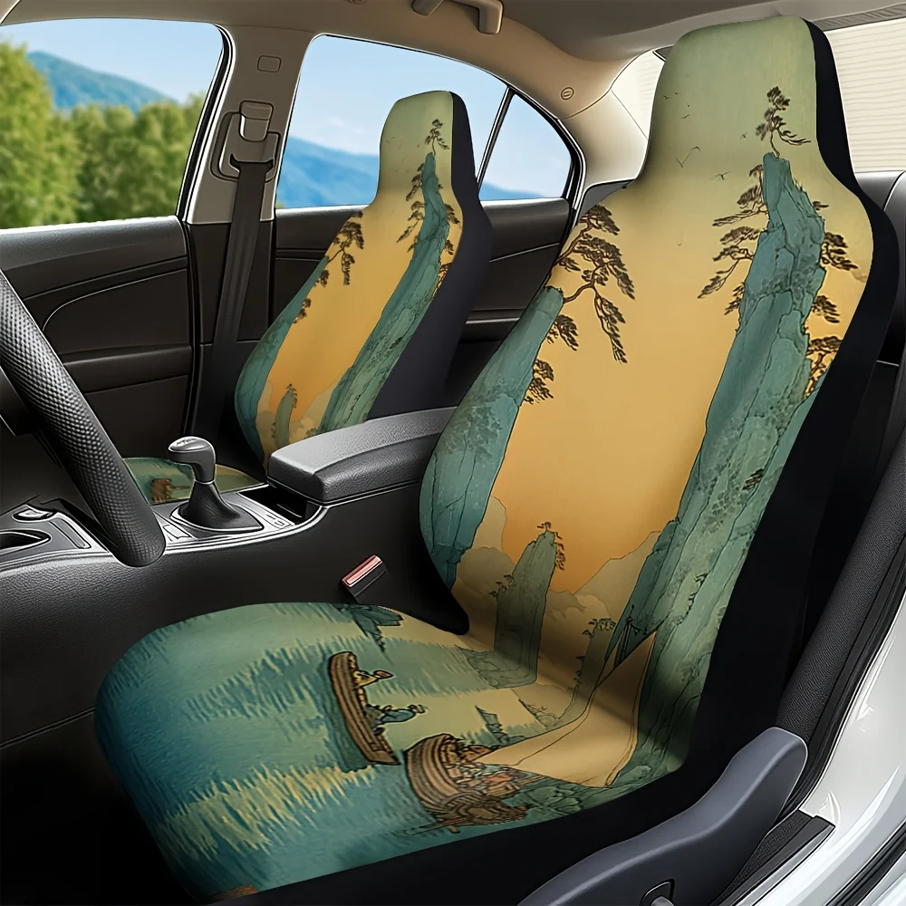 Set Of 2, Featuring A Japanese Seascape Design On Seat Covers, Perfect For Enhancing Comfort During Extended Drives, A Dependabl