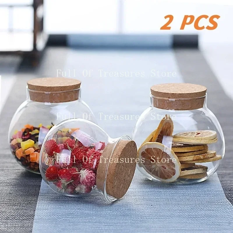 2PCS Spherical Glass Food Storage Container with Cork Lids Large Capacity Sealed Glass Bottles Pot Jar for Kitchen Organizer