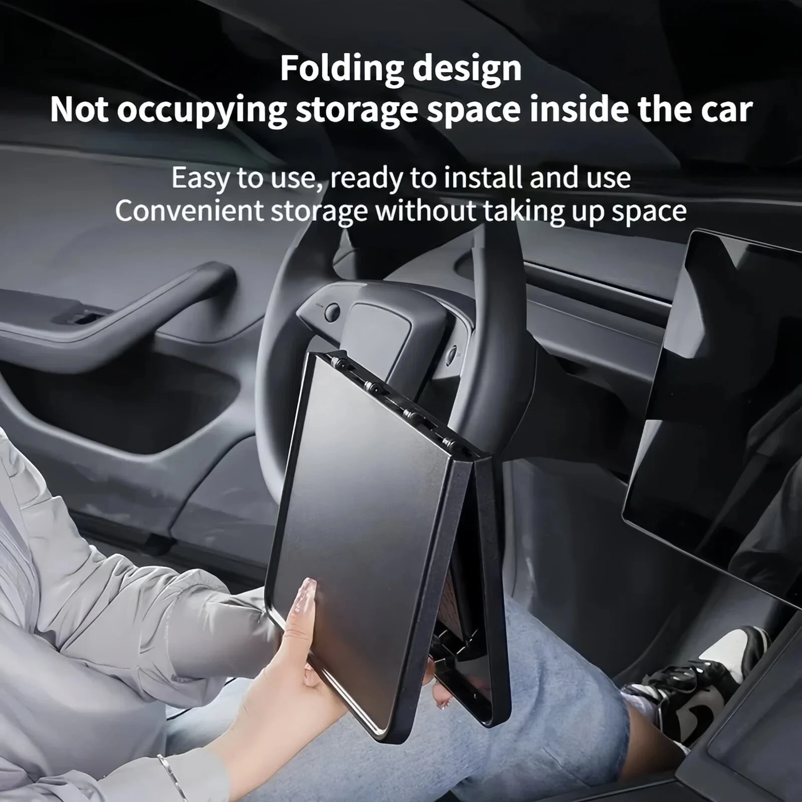 For Tesla Model 3/Y/YL 2017-2026 Carbon Fiber Steering Wheel Tray – Foldable Car Desk Portable Laptop Stand Office Table view 6