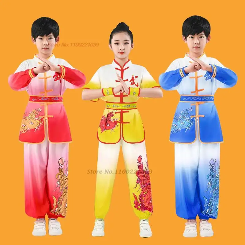 

2024 chinese traditional children wushu kungfu clothing martial arts uniform kung fu suit dragon print stage performance set