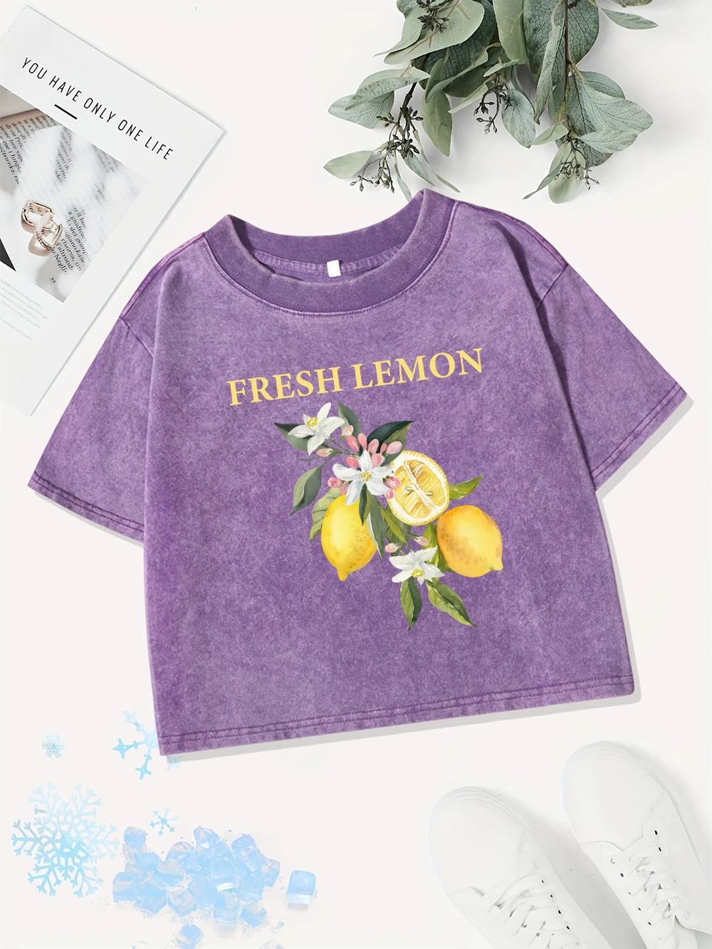 Lässige Baumwoll-Crop-Tops für Damen, frische Zitronendrucke, gewaschene T-Shirts, Distressed O-Ausschnitt, normale Passform, Streetwear, Sommer-Damenkleidung