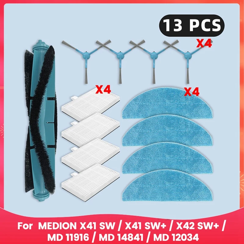 ABJI-For MEDION X41 SW / X41 SW+ / X42 SW+ / MD 11916 / MD 14841 / MD 12034 Spare Parts Filter Main Side Brush Mop Cloth