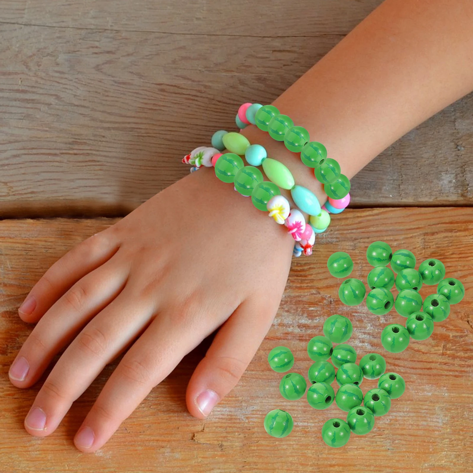 

50pcs Watermelon Beads Wood DIY Small Green Decorative Child Bracelet Spacer Round Loose Craft Painted Practical Longlasting