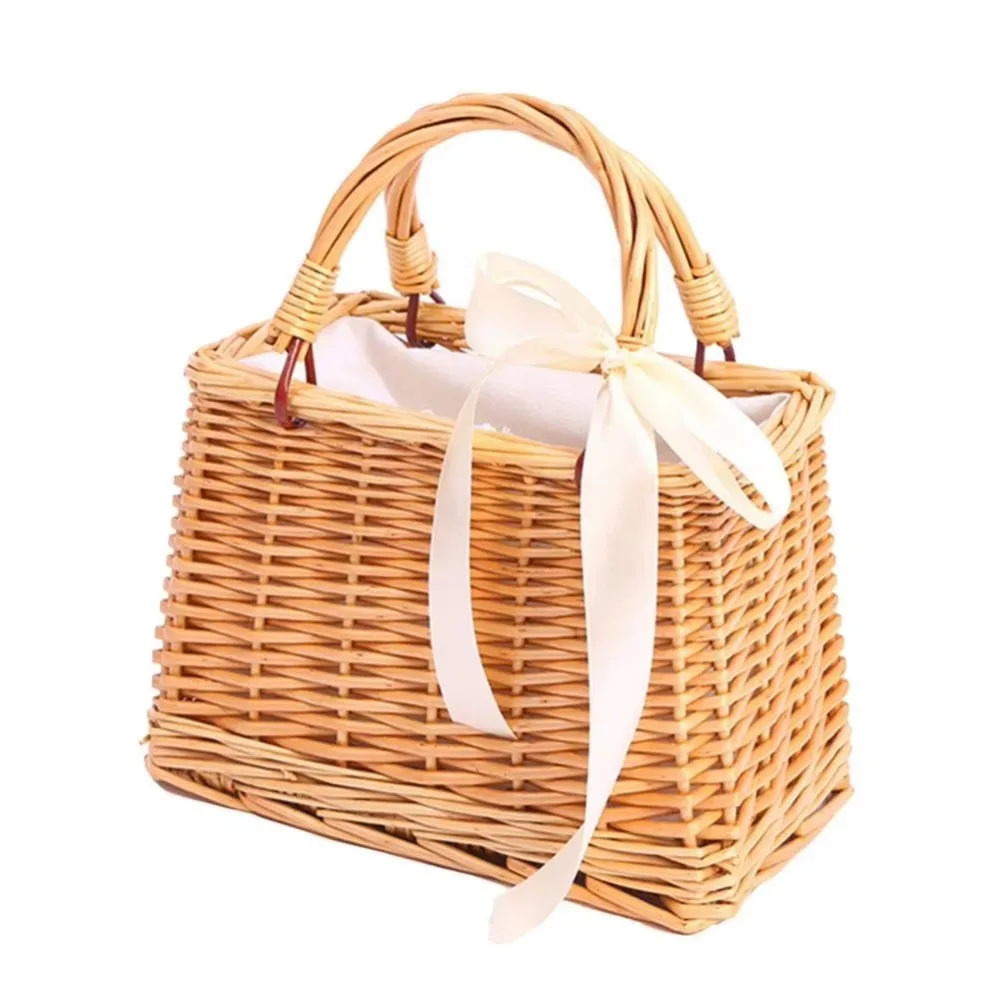 

Trendy Concise Wicker Flower Basket Rattan Woven Handmade Picnic Basket Fabric Rattan Woven Handbag
