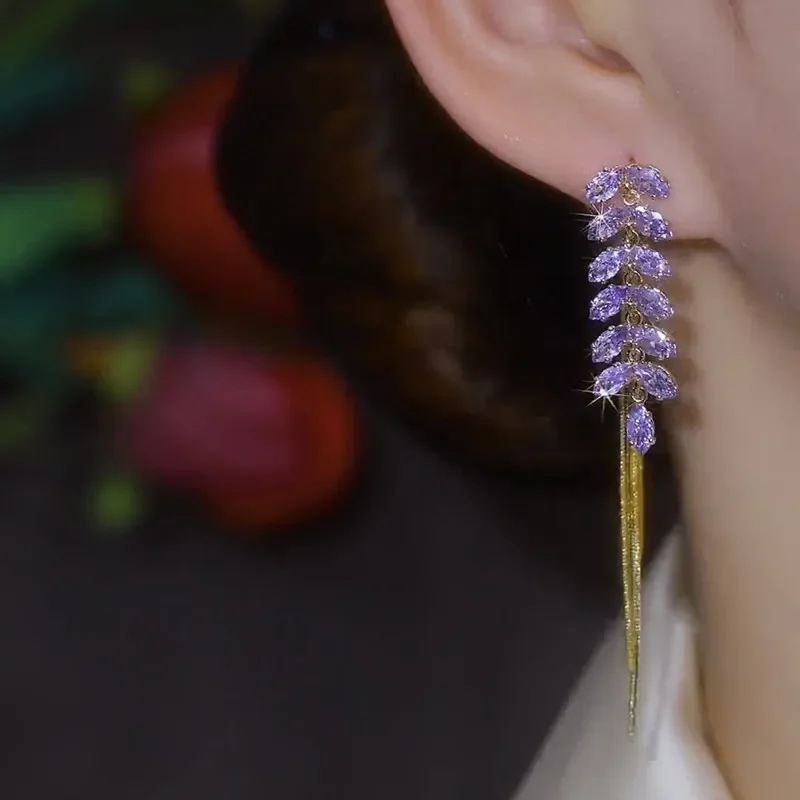 Purple Zircon Inlaid Wheat Ear Wire Long Tassel Earrings for Women Personalized Daily Accessories Party Jewelry Birthday Gifts