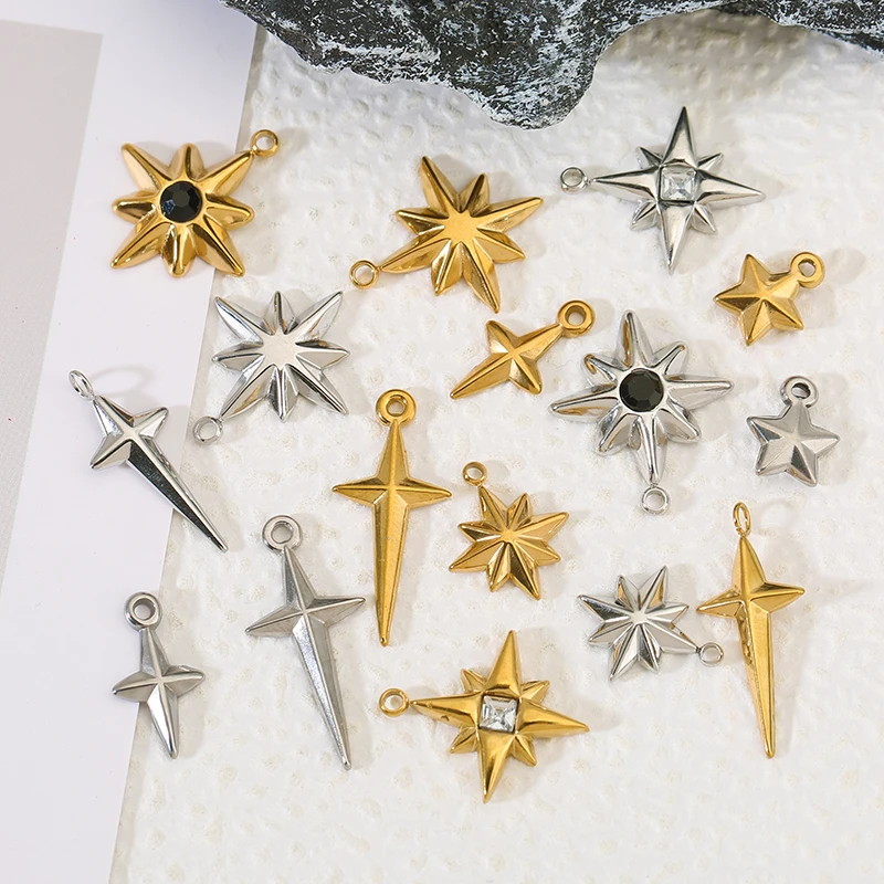 

5pcs Stainless Steel Cross Star Charms Zircon Starburst Star Pendants for DIY Necklace Jewelry Making Bracelet Earring Supplies