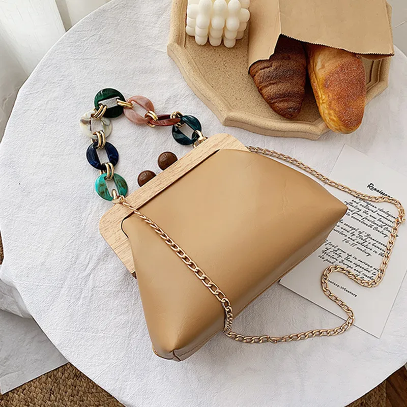 

2025 Classic Luxury Simulated Agate Stone Handel Chain Folder Handbag Women Trendy Party Evening Clutch Bag Wooden Shoulder Bag