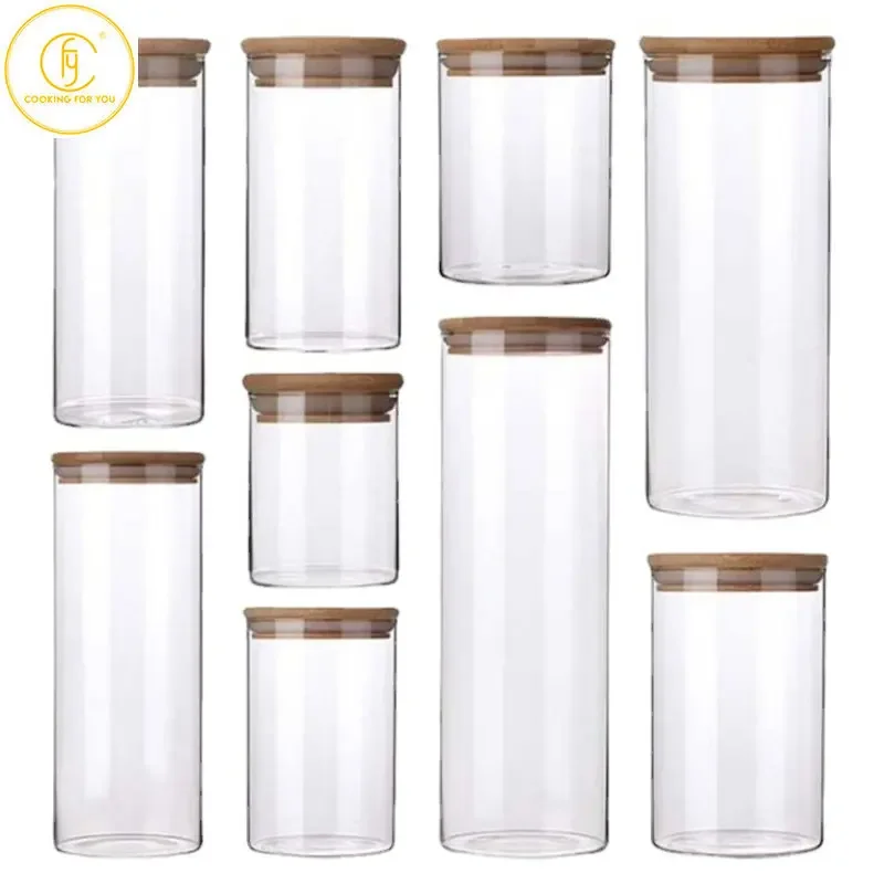 1Pcs Mason Candy Jar with Bamboo Cover Lid for Spices Grains Noodles Cookie Container Glass Jars Kitchen Food Storage Containers