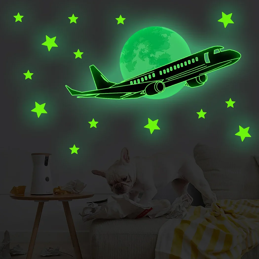 Hot New High Quality Wall Stickers Plane Room Stars 17.7*7.6in 45*19.5cm Glow In The Dark Moon Nursery PVC DIY