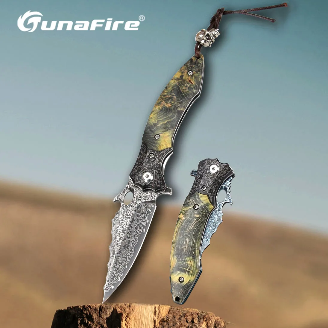 Tunafire High quality jackknife wooden handle outdoor survival portable self-defense tactical hunting damascus folding knife