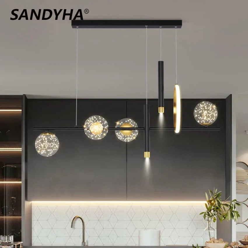 SANDYHA Led Ceiling Chandelier Gypsophila Glass Ball Remote Dimming Hanging Lamp Kitchen Island Home Decor Dining Room Spotlight