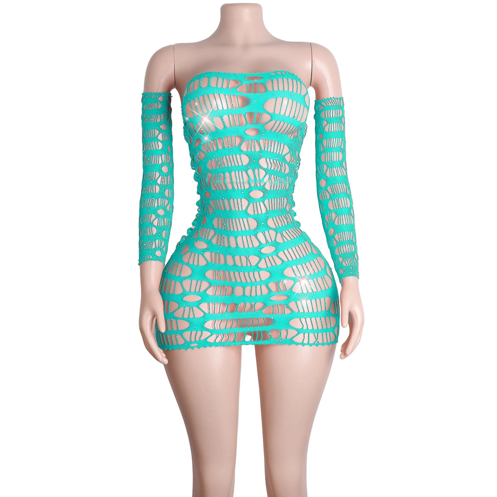 

Elegant Rhinestone Sleeved Mesh Fishnet Skirt Lingerie for Women Sexy Performance Clubwear Stage Outfit Party Night Show Dress