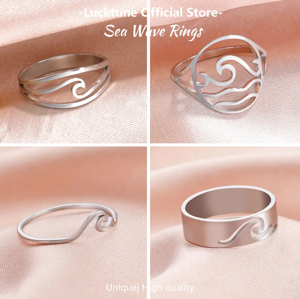 Lucktune Einfache Meereswellen-Ringe für Frauen, Edelstahl, trendige geometrische Ozean-Surf-Fingerringe, Schmuck, Hochzeit, Muttergeschenke – Detail 4