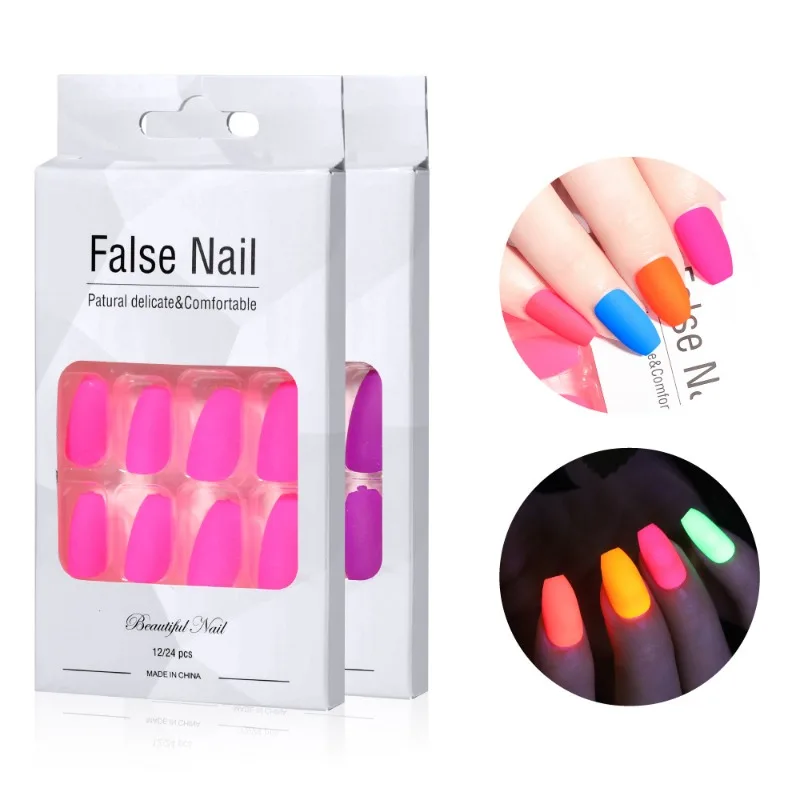 24 stuks realistische kunstnagels effen kleur fluorescerend kunstmatige pers op nagels medium goedkope acryl vingernagels voor lijmen 2024