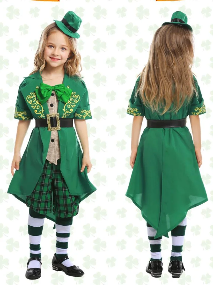 Irish Festivals Girl Dress Suits Cosplay Fairy Costume Holiday Party Kid Cute Stage Dress Halloween Saint Patrick's Day Clothing