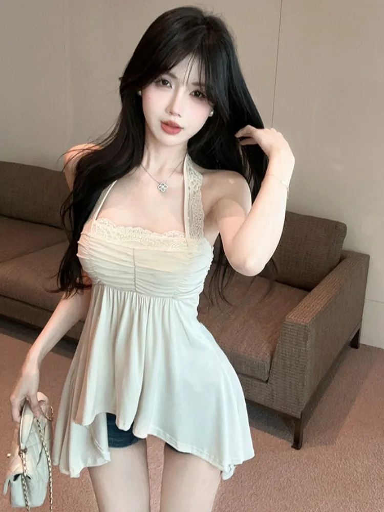 

Irregular Lace Halter Neck Crop Top Women Summer Pure Desire Spicy Girl One Shoulder Tube Top Thai Style Beautiful Small Shirt