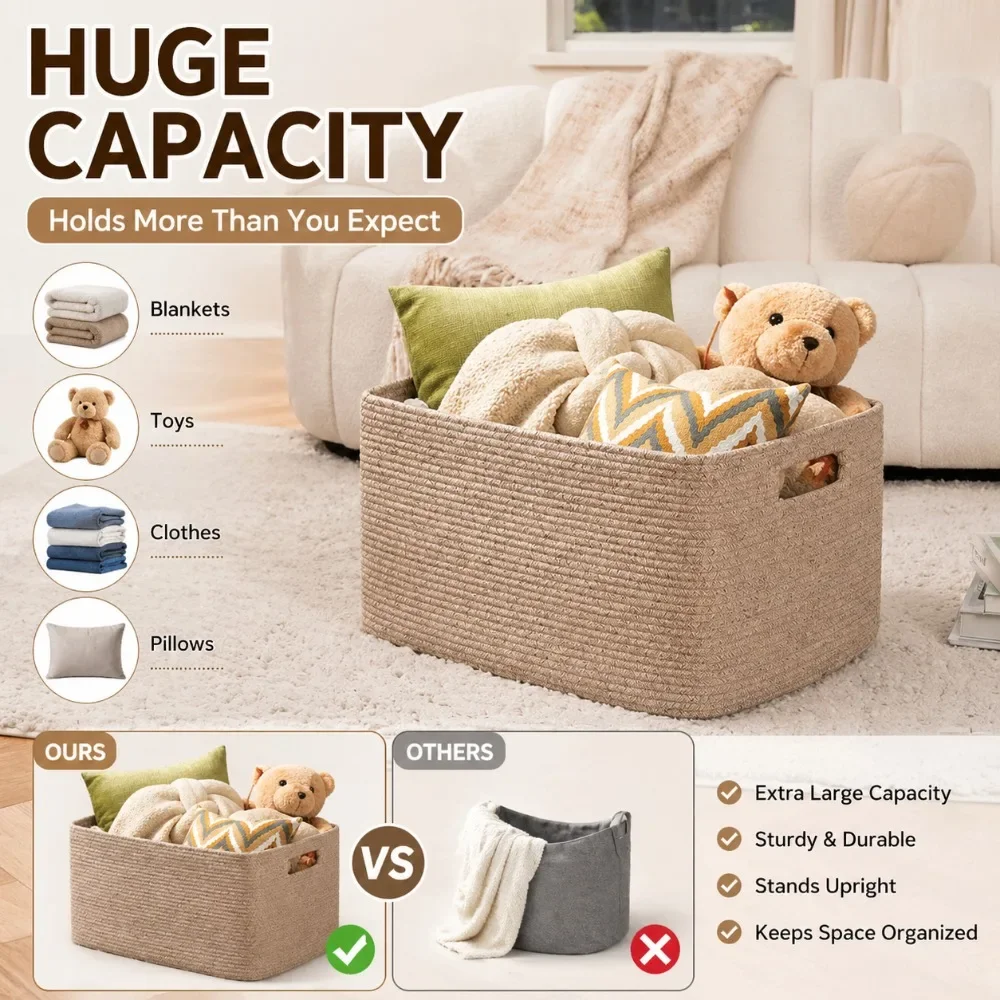 Storage Basket Large Laundry Hamper Cotton Rope Woven Basket with Handles Blanket Toy Organizer for Living Room Home
