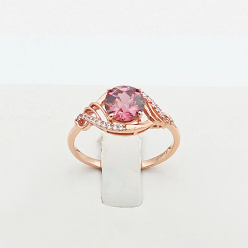 Anéis de casamento em cristal oliva para casais, openwork design, joias de luxo requintadas, ouro rosa, pedras preciosas rosa, 585 roxo, 14k