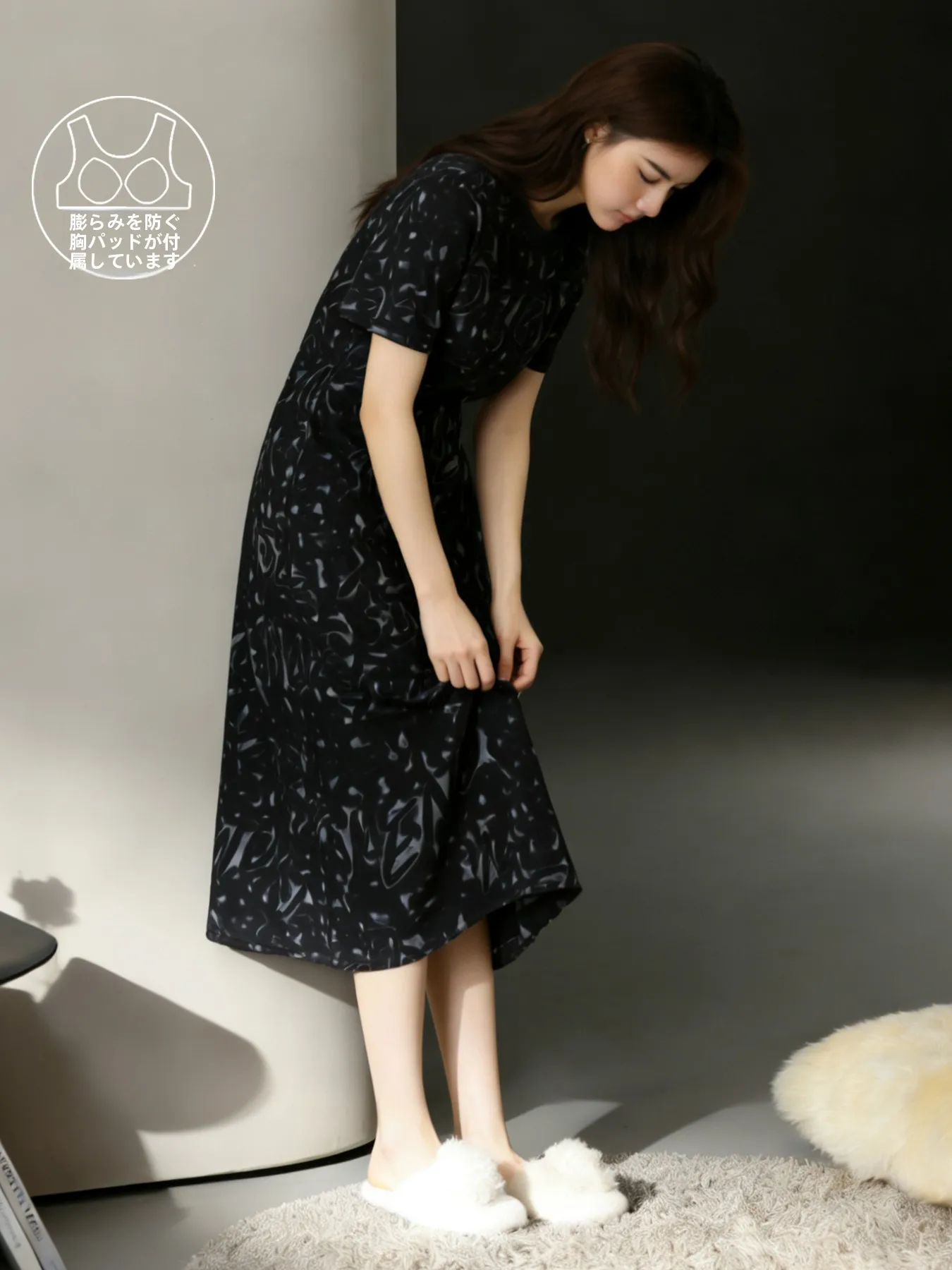 夏用薄手コットン寝間着-レディース半袖ミディ丈ワンピース-胸パッド付き-ホームウェア-快適で通気性のあるナイトガウン