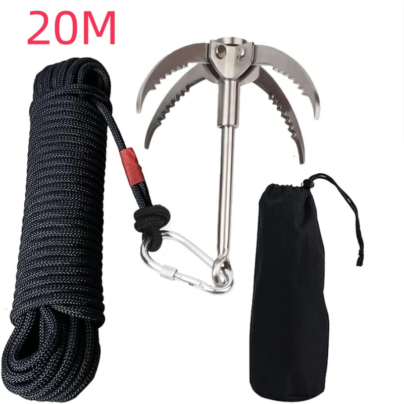 

Outdoor Grappling Hook 400kg Stainless Steel Survival Claw Gravity Hook Folable Salvage Climbing Hook with 20m Auxiliary Rope