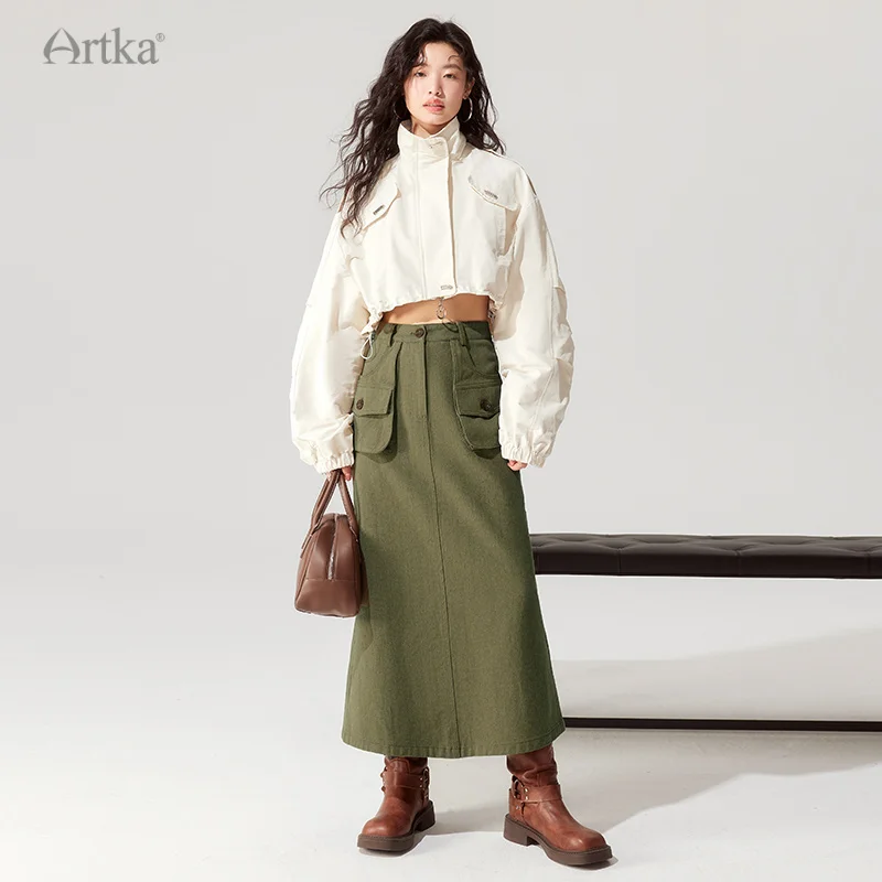 ARTKA 2023 Autumn New Women Skirt Fashion Safari Style High Waist Skirts Long A-Line Army Green Skirt With Pockets QA92535Q