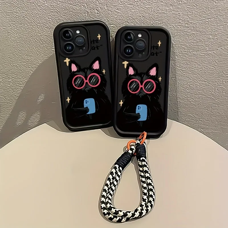 Schwarze Handyhülle mit coolem Katzenmuster und Tragegurt für iPhone 15 16 17 Pro Max 14 13 12 11 Pro XS Plus, stoßfest, matt, aus Silikon. – Detail 6