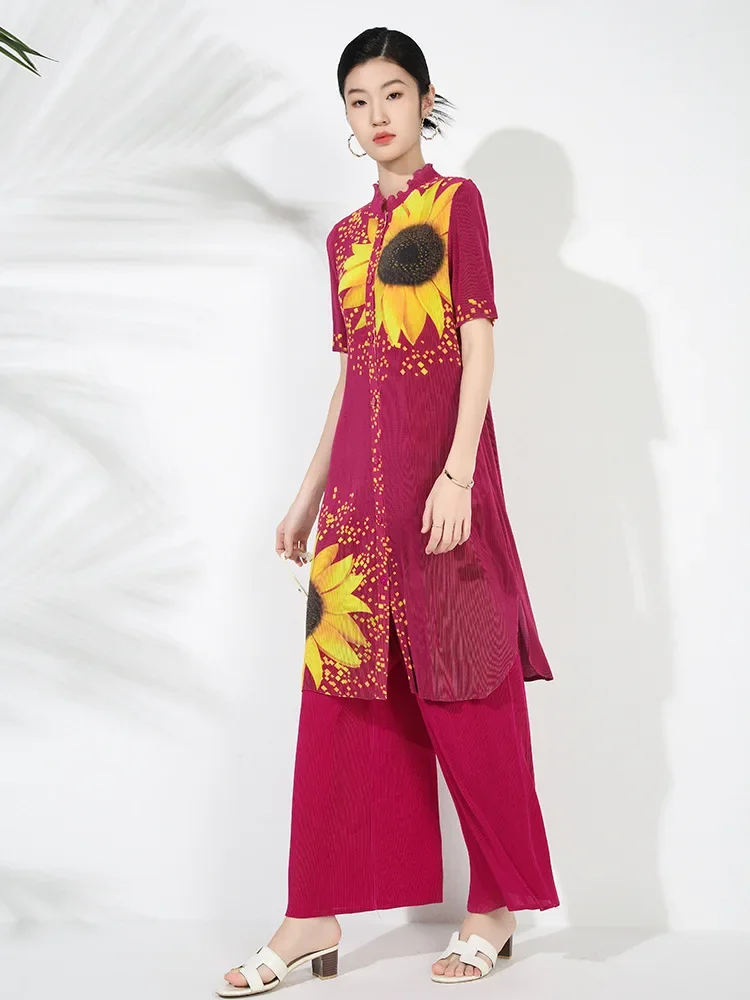 Miyake Pleated Printed Fashion Suit Women 2024 New Stand-up Collar Mid-length Single-breasted Top Wide-leg Pants Two-piece Set