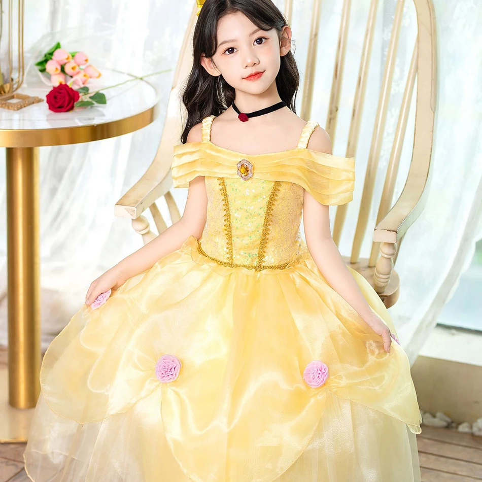 Vestido de princesa bella con luz LED para niños, disfraz Floral de La Bella y La Bestia con hombros descubiertos, rosa, ropa de Halloween y Navidad