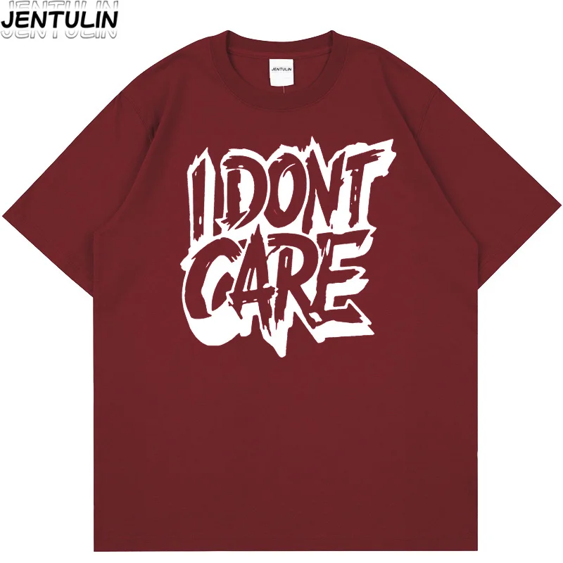 

men pure cotton I don't care simple printed solid color tshirt harajuku street wear y2k retro loose clothing aesthetic pullover