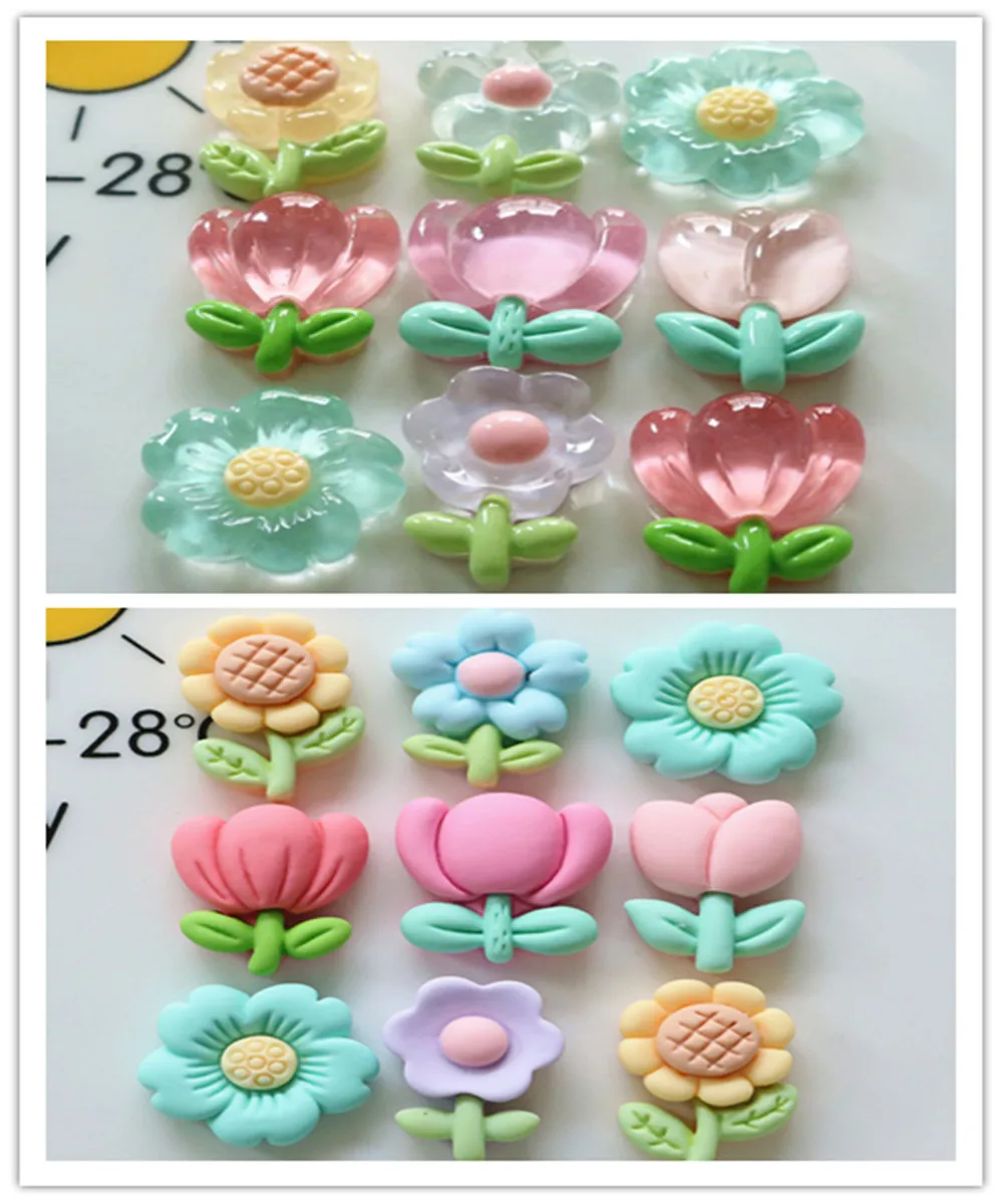 

100 Cute Transparent Sunflower Tulip Flowers Flatback Resin Cabochon for Hair Bows Center DIY Scrapbooking Phone Case Decoration