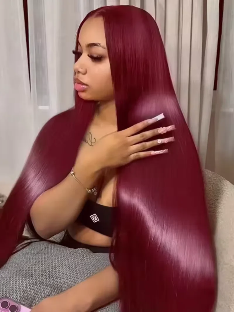 

Бордовый парик из натуральных волос 13x6 HD с прозрачной кружевной основой, красный 99J, цветной, 13x4, прямой, с предварительно выщипанной линией роста волос, для женщин