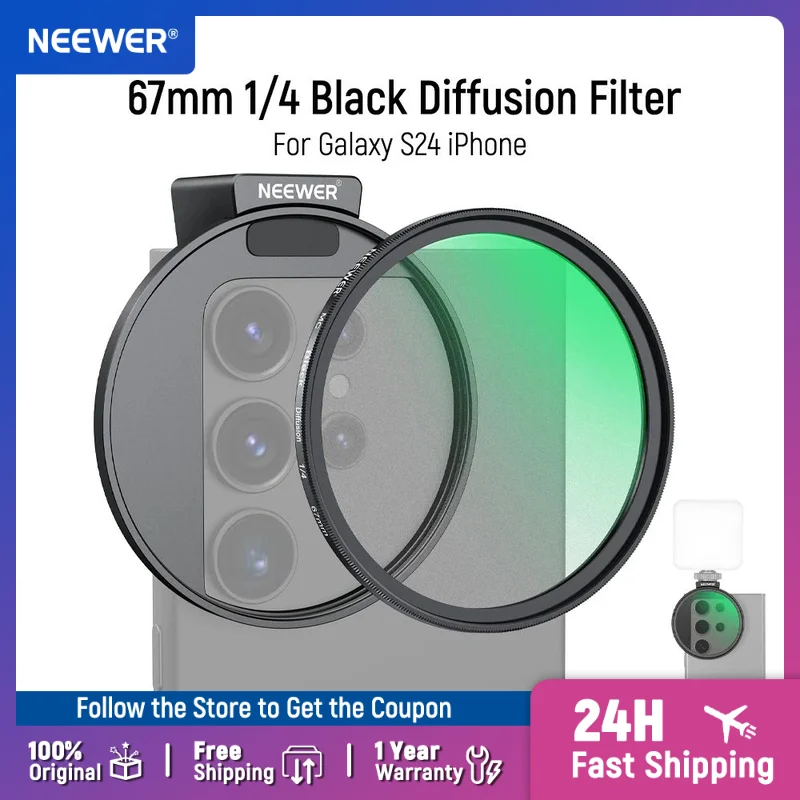 

NEEWER 67mm 1/4 Black Diffusion Filter & Cold Shoe Phone Clip for Phone Compatible with Galaxy S24 Series iPhone 15 Pro Max