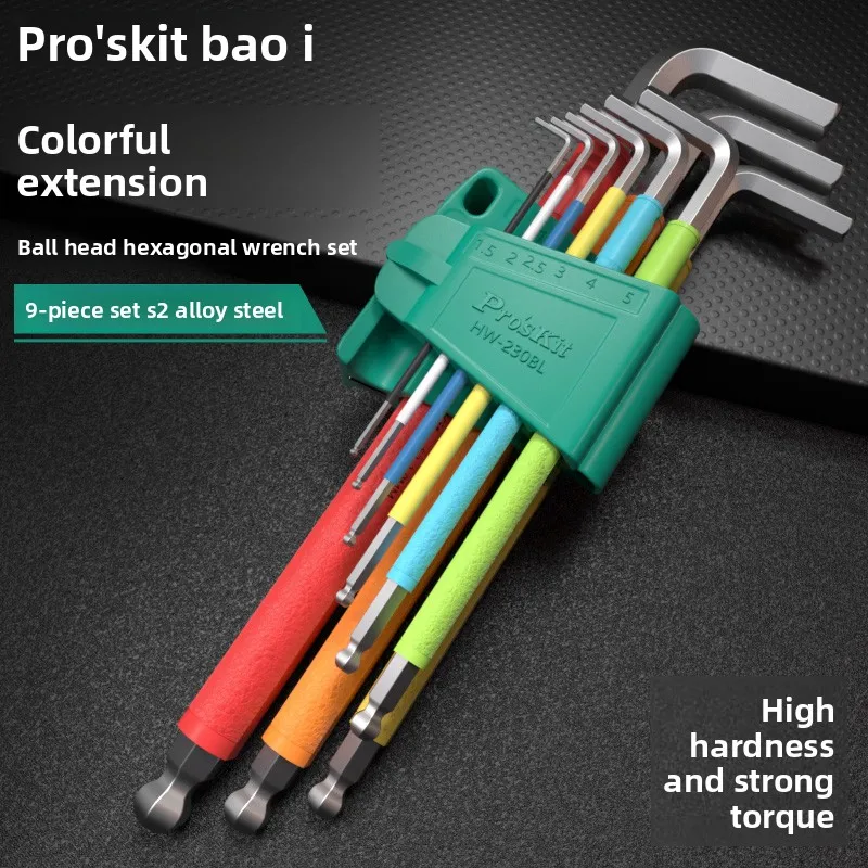 ProsKit Industrial 9-Piece Long Ball Head Hex Key Set Metric HW-230BL Steel Hex Wrench & Screwdriver with Torx Tip