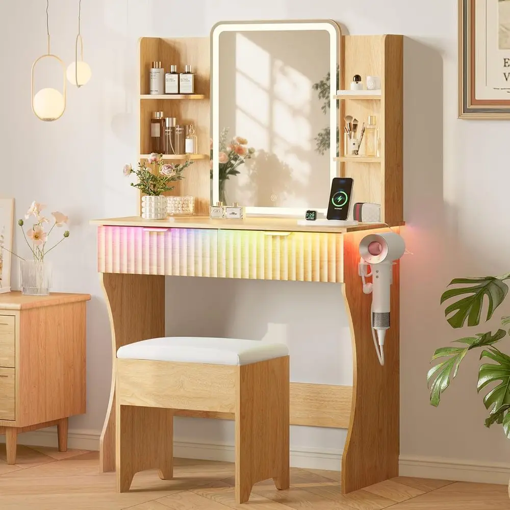 

Compact Makeup Vanity Desk with Illuminated Mirror, Chair & Power Outlet, Storage Shelves, RGB Lighting