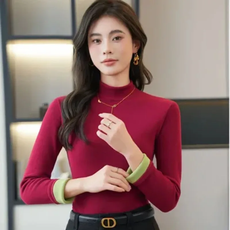 Womens Mock Neck Fleece Lined Base Layer Top Autumn Winter Slim Fit Long Sleeve Inner Wear T Shirt